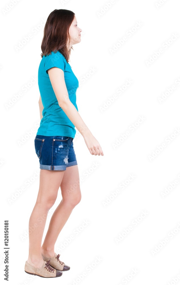 back view of walking woman in shorts. beautiful brunette girl in motion. backside view of person. Rear view people collection. Isolated over white background. back view of walking woman in shorts. beautiful brunette girl in motion. backside view of person. Rear view people collection. Isolated over white background.