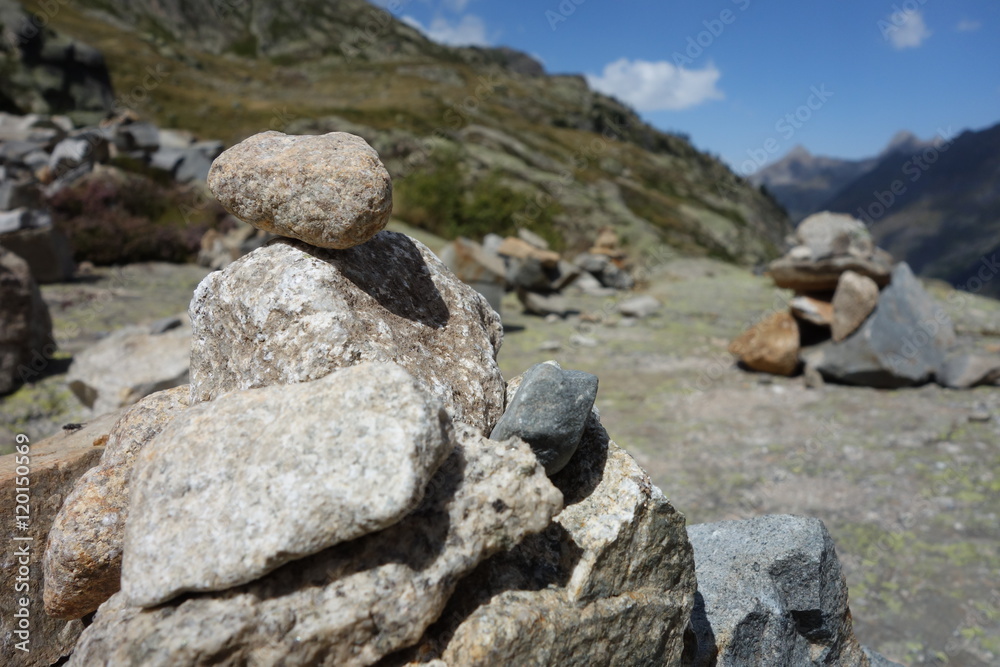 set of cairns in a hiking path