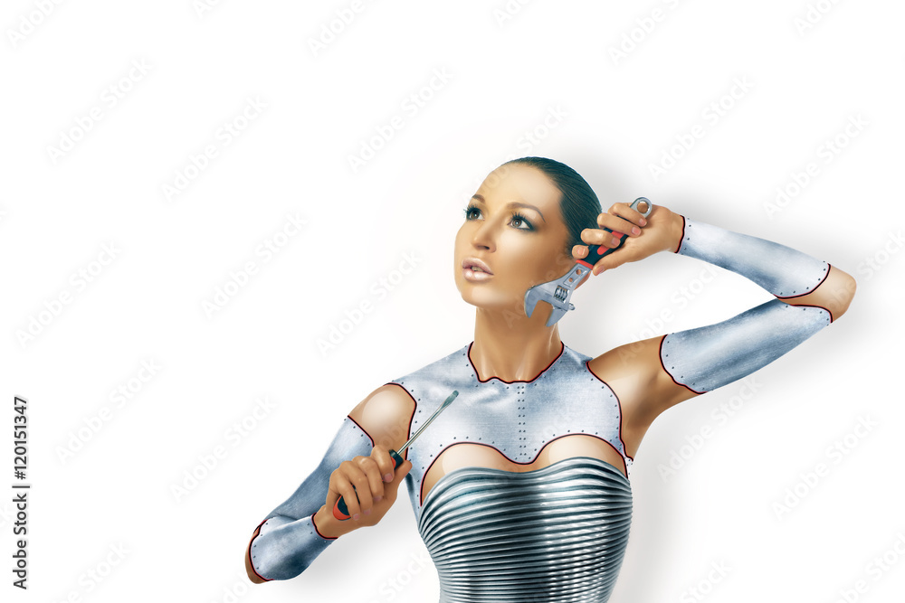 Beautiful cyber woman with tools,isolated on white Beautiful cyber woman with tools,isolated on white