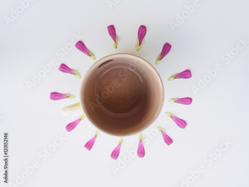 Top view empty cup and petal pink color on white background photo