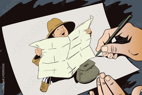 Traveler man searching right direction on map