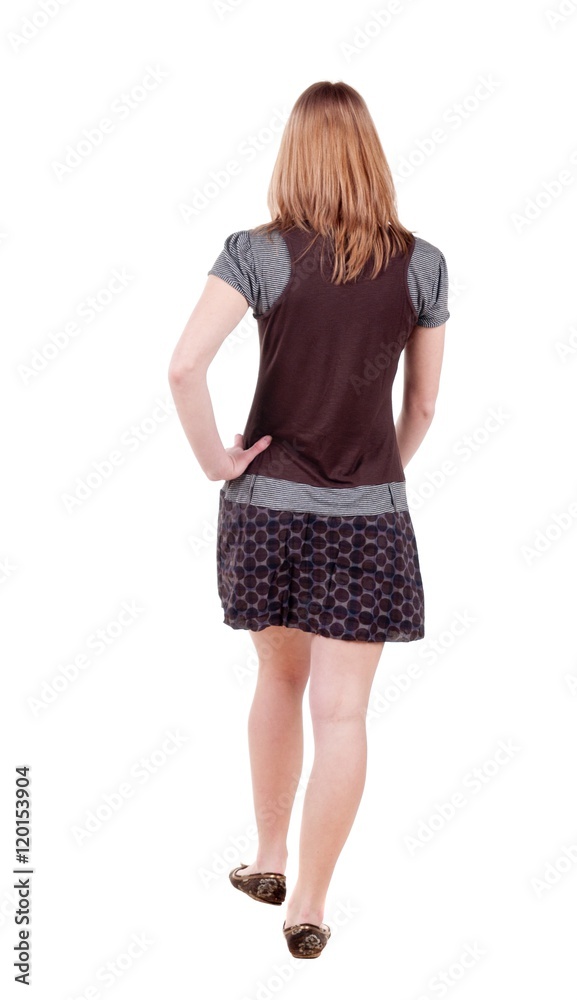 back view of going blonde woman in dress. beautiful girl in motion. backside view of person. Isolated over white background. Rear view people collection. back view of going blonde woman in dress. beautiful girl in motion. backside view of person. Isolated over white background. Rear view people collection.