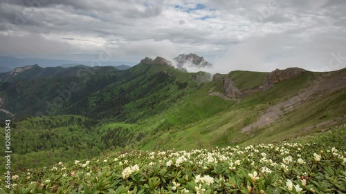 Russia, timelapse. The formation and movement of clouds over the summer slopes of Adygea Bolshoy Thach and the Caucasus Mountains