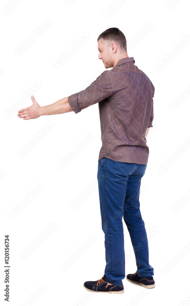 Back side view of man in shirt handshake. Isolated over white background. Back side view of man in shirt handshake. Isolated over white background.