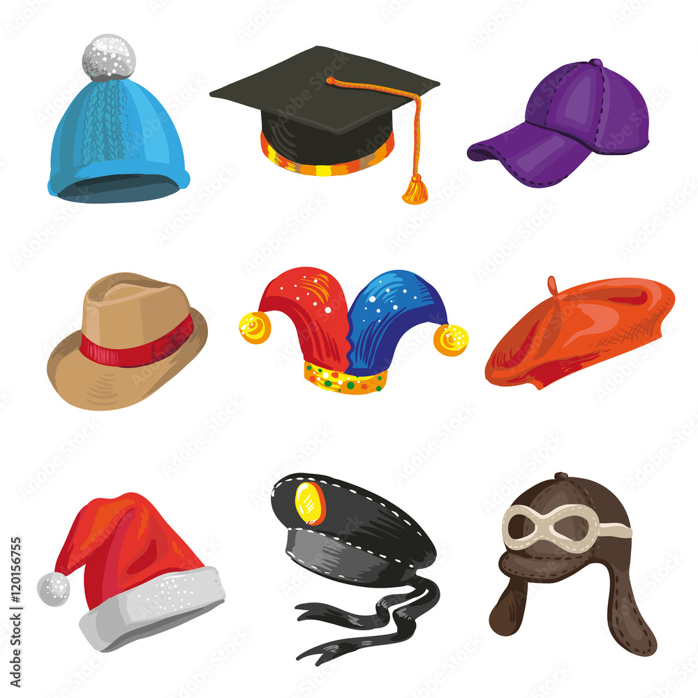 Set of cartoon police and joker hats. Stock Vector | Adobe Stock