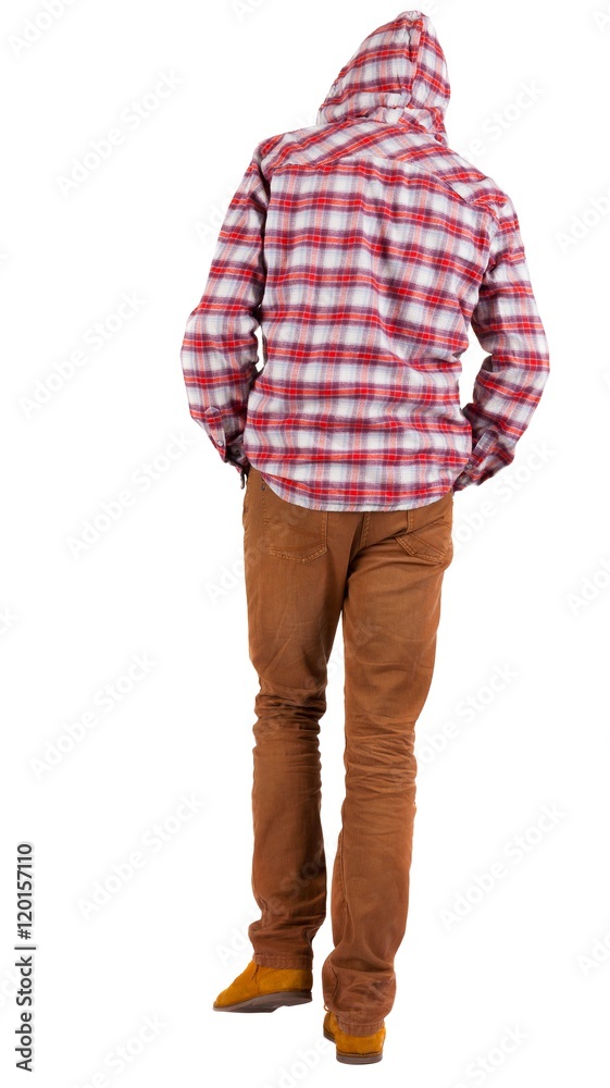 Back view of going guy in a plaid shirt with hood. walking young guy in  jeans and jacket. Rear view people collection. backside view of person.  Isolated over white background. Stock Photo