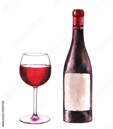 Hand-drawn watercolor illustration of the wine bottle and one glass of red wine. Drawing isolated on the white background