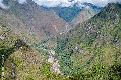 MACHU PICCHU, CUSCO REGION, PERU- JUNE 4, 2013: Panoramic view of Machu Picchu mountains from Huayna Picchu