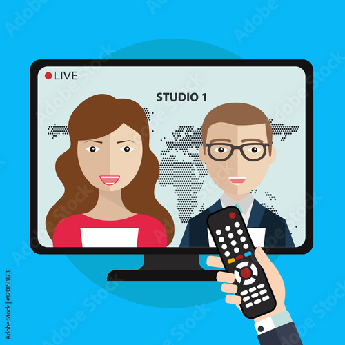 Live News on TV with newsreader icon. News of the world. Vector illustration with hand holding remote control