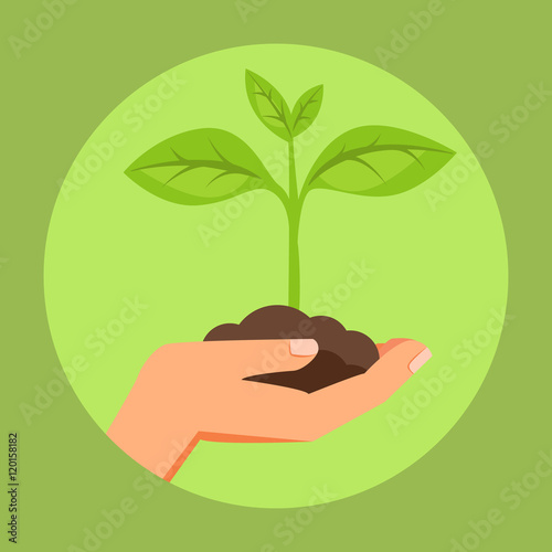 Illustration of human hand holding green small plant. Image for booklets, banners, flayers, article and social media.