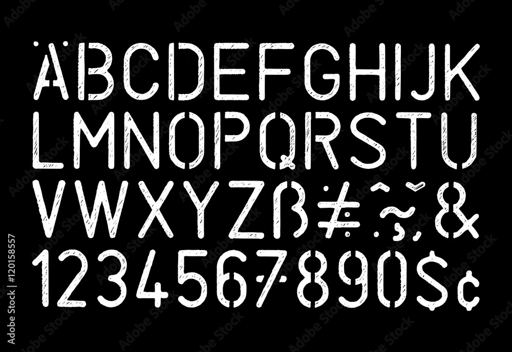 Full grunge style stencil alphabet and number on black background Full grunge style stencil alphabet and number on black background