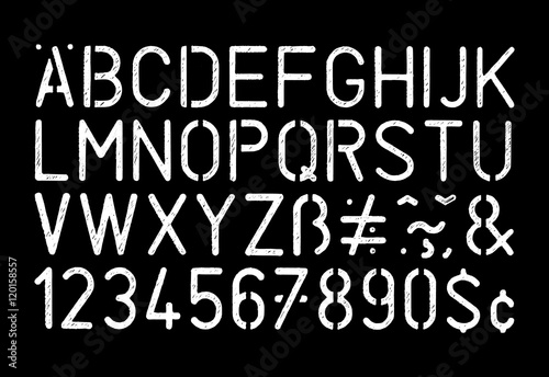 Full grunge style stencil alphabet and number on black background