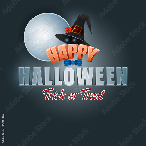 Holiday, background with stylized 3d text, ghost wearing a witch's hat on full moon backdrop, for Halloween, event celebration