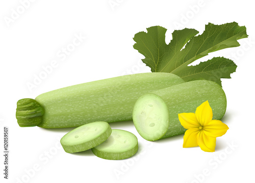 Fresh light green vegetable marrow (zucchini) on white background