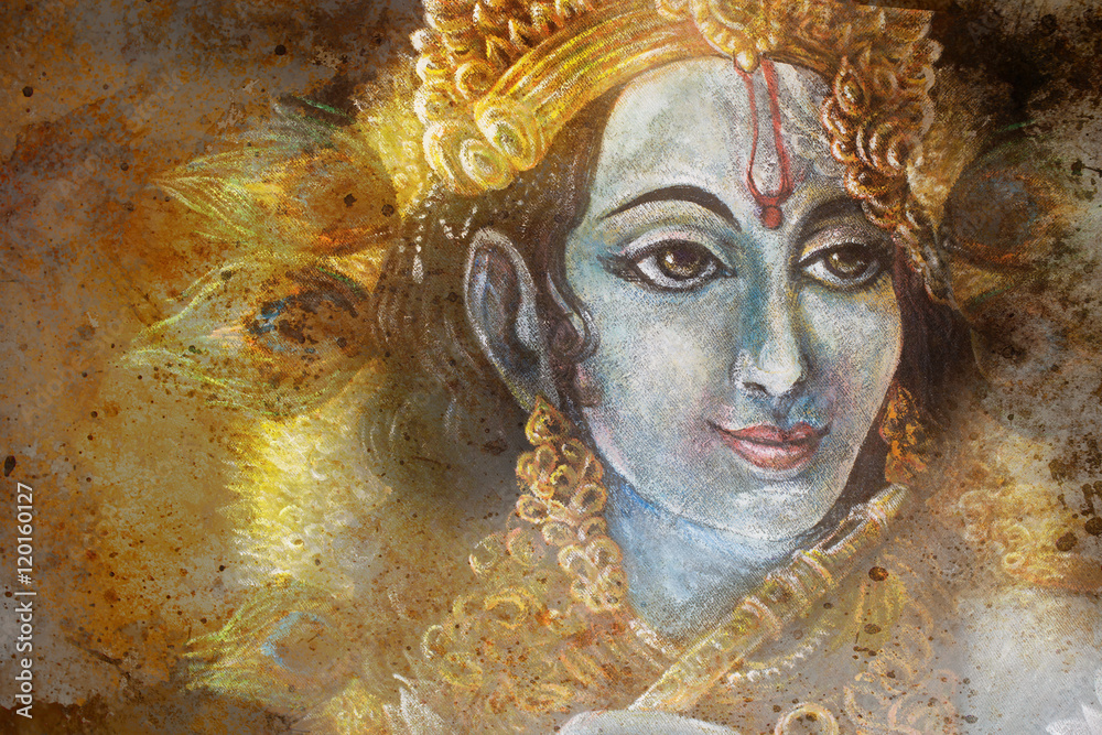 Fototapeta head of krishna with peacock feather and jewelry, hand painted