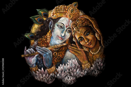 radha and krishna playing flute, hand painted illustration photo