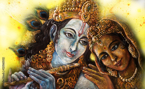 divine couple krishna and radha togerher, painting illustration photo