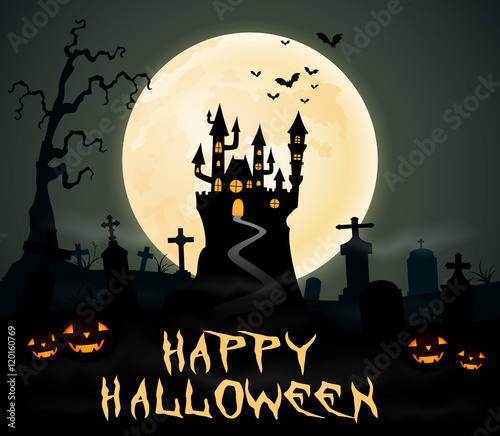 Halloween night background with castle and graveyard