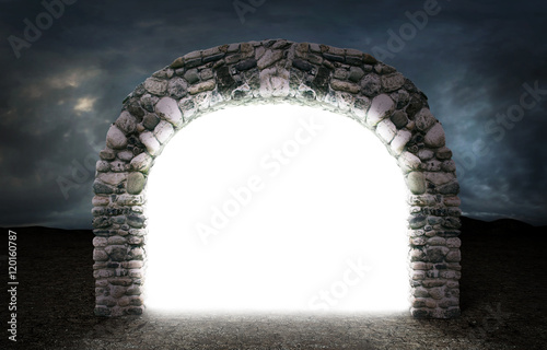 Concept of different dimension. White mysterious portal to anoth photo