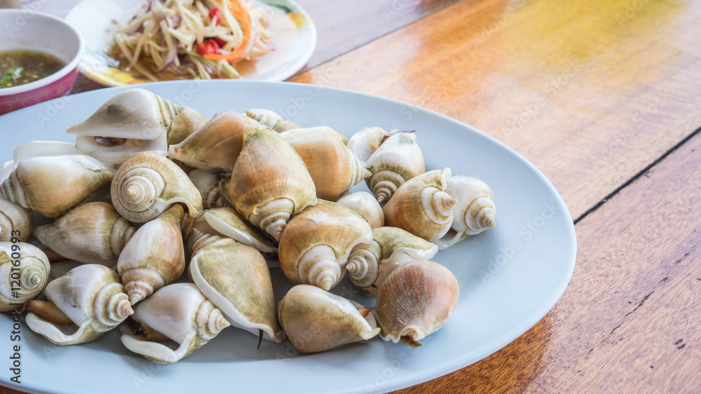 Boiled fresh Laevistrombus canarium or sea snail with raw mango salad and spicy seafood sauce