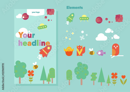 Children design template | vector animals, trees and elements