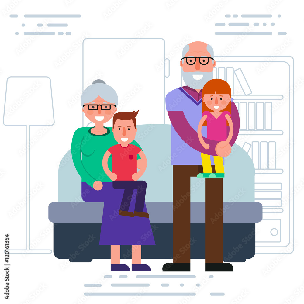 Happy grandparents with grandchildren portrait. Smiling grandma