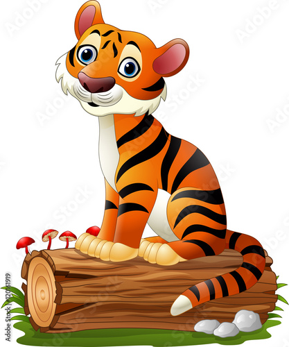 Fototapeta Naklejka Na Ścianę i Meble -  Cartoon tiger sitting on tree log