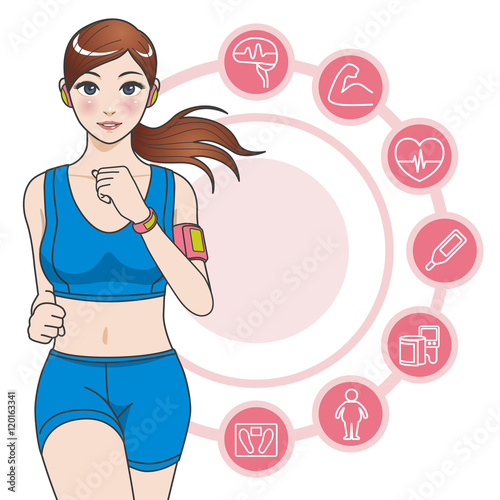 running woman and various vital sign icons, vector illustration