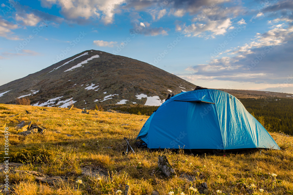 Camp at the mountain pass with amazing view, Altai