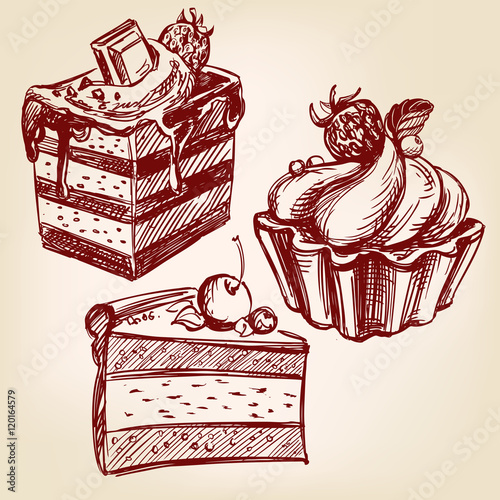 cakes fast food set hand drawn vector llustration realistic sketch