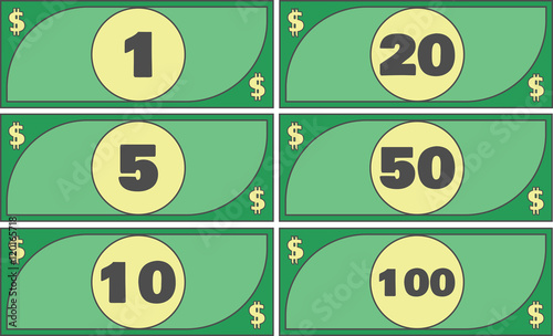 A complete set of colorized digital illustration of US dollar bills from 1 to 100 dollars in vector EPS 10 format