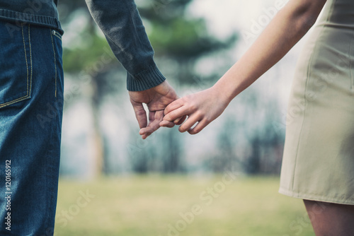 Young loving adult couple holding hands close up. They enjoy autumn outdoors. Natural light and warm sunlight. © Dusko