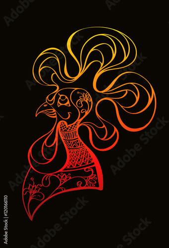 Hand-drawn beautiful profile portrait of a fire rooster head. Vector illustration, zodiac symbol of 2017 on east calendar. Black line art on black. photo