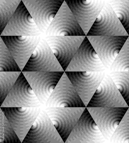 Vector Illustration. Seamless Monochrome Triangle Pattern of Expanding Waves Intersect in the Center. Optical Volume Effect. The Visual Illusion Of Movement. 