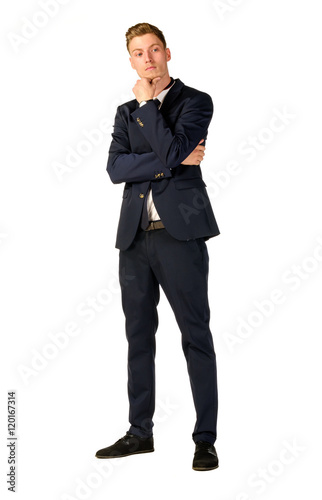 Young business man thinking full length portrait