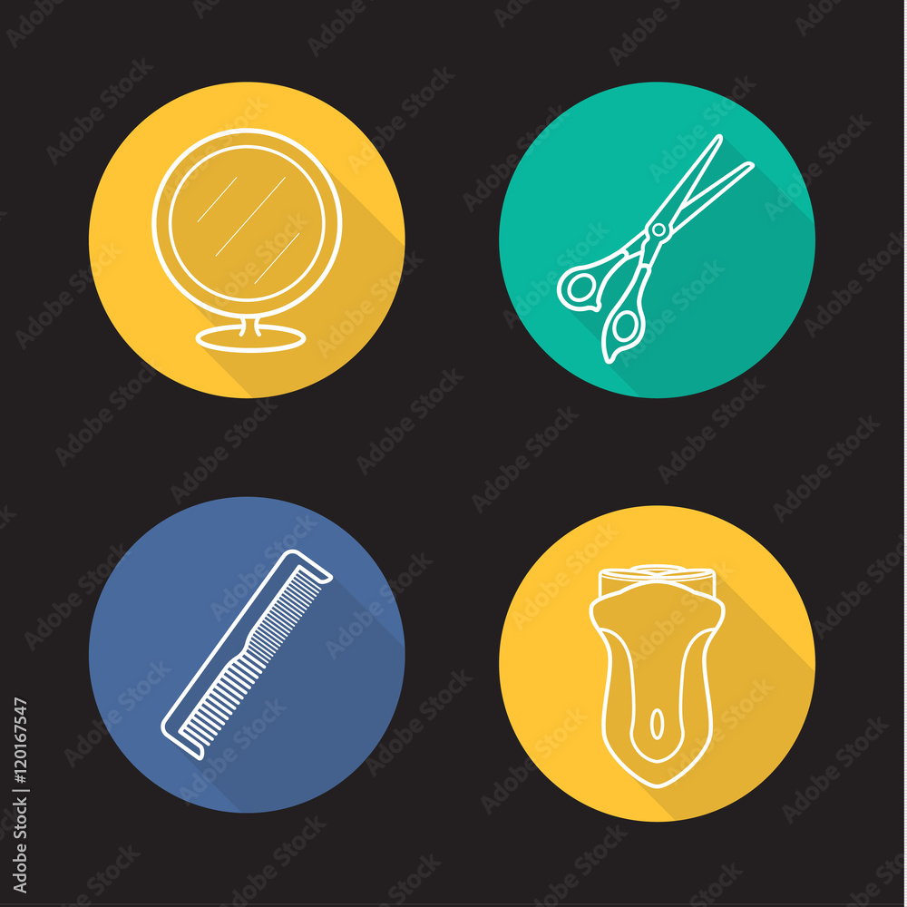 Fototapeta premium Barbershop accessories flat linear long shadow icons set