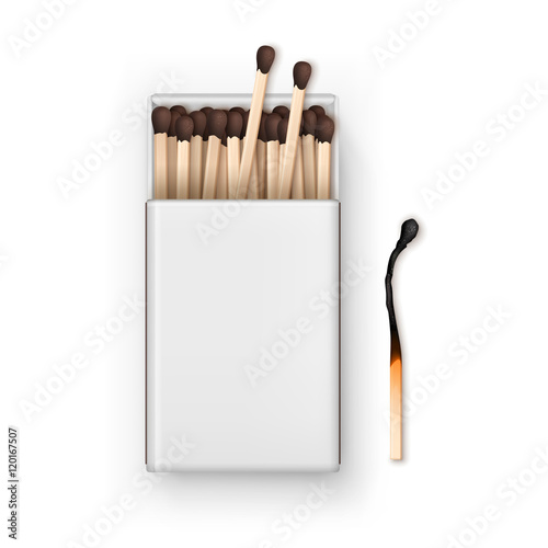 Vector Opened Blank Box Of Brown Matches with Burned Match Top View Isolated on Background