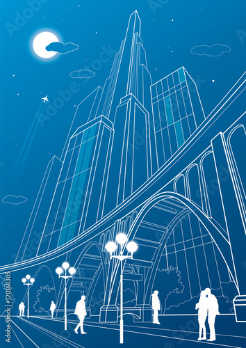 Big bridge, night city on background, vector industrial and infrastructure illustration, vector lines landscape, neon town, people walking, vector design art