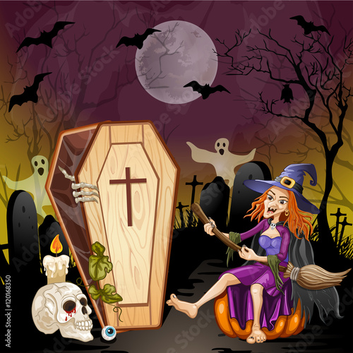 Halloween background with a happy witch in cemetery