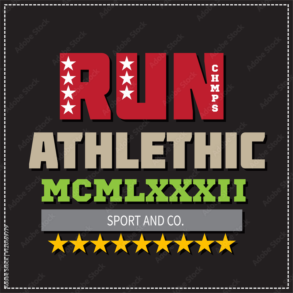 Athletic running sport university college logo, badge, emblem. Colored version. For apparel.