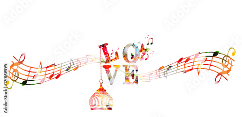 Decorative love text with music staff and notes. Colorful calligraphic inscription, lettering design, typographic vector background for poster, brochure, card, banner, web, site, advertising and print