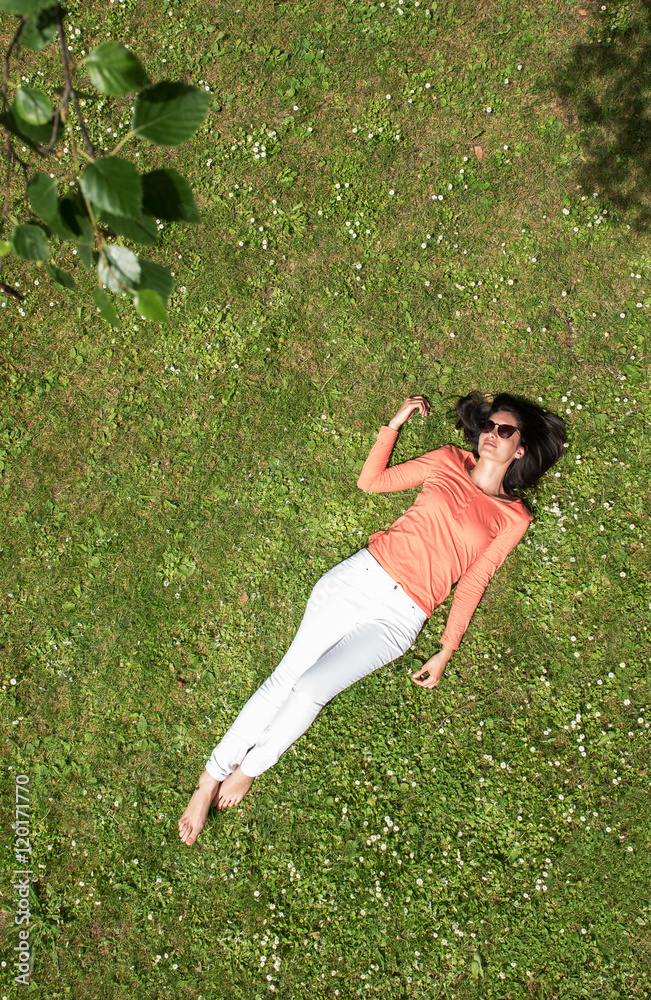Φωτογραφία Top view. beautiful young brunette woman, lying in the grass