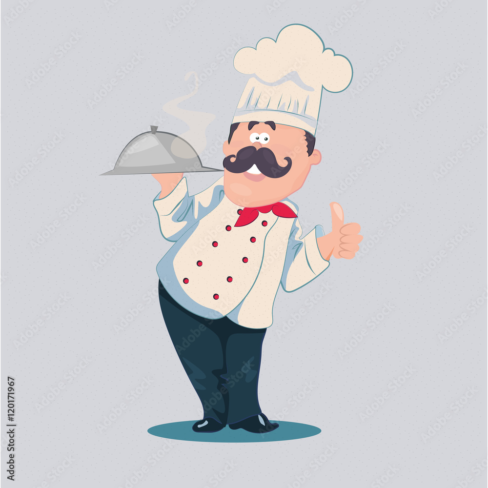 Chef vector cartoon character with a mustache in a white uniform holding a cooked hot dish Chef vector cartoon character with a mustache in a white uniform holding a cooked hot dish