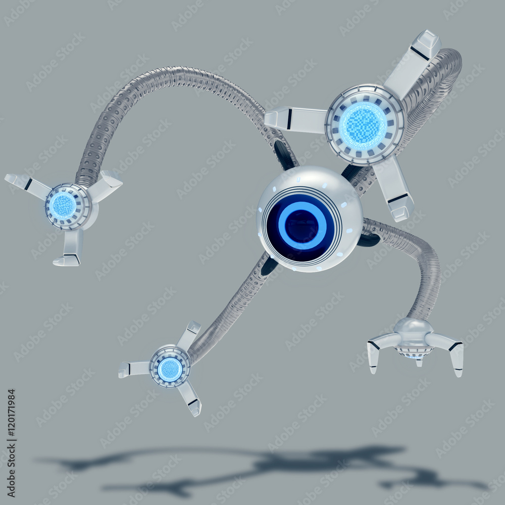White futuristic flying robot with one eye and four limbs with neon lights. Observation drone concept. Control of artificial intelligence. 3d render Stock Illustration | Stock
