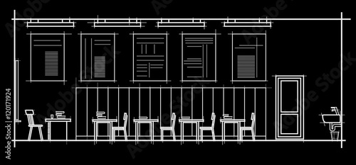 linear architectural sketch interior classroom front view on black background