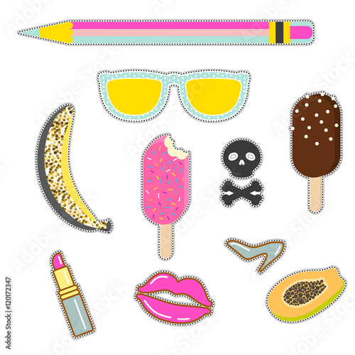 Patches sticker set. Vector pin badges - sunglasses, banana, icecream, skull and lipstick icons.