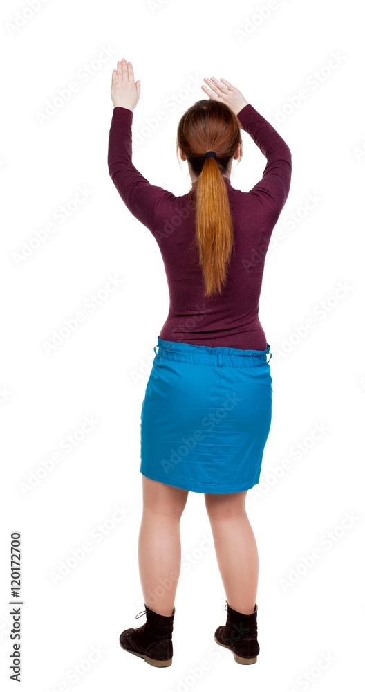 back view of dancing young beautiful woman. girl watching. Rear view people collection. backside view of person. Isolated over white background. girl in a blue skirt and a burgundy sweater waving back view of dancing young beautiful woman. girl watching. Rear view people collection. backside view of person. Isolated over white background. girl in a blue skirt and a burgundy sweater waving