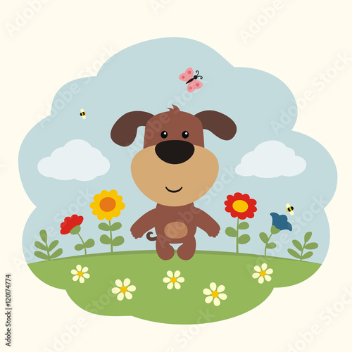 Cartoon puppy. Finny little puppy on flower field