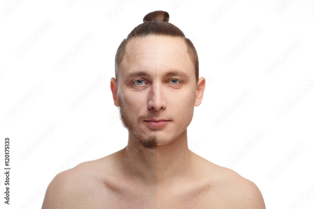 Handsome young man with half shaved face looking at camera Handsome young man with half shaved face looking at camera