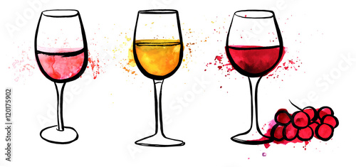 Vector wine set with freehand drawings of wine glasses